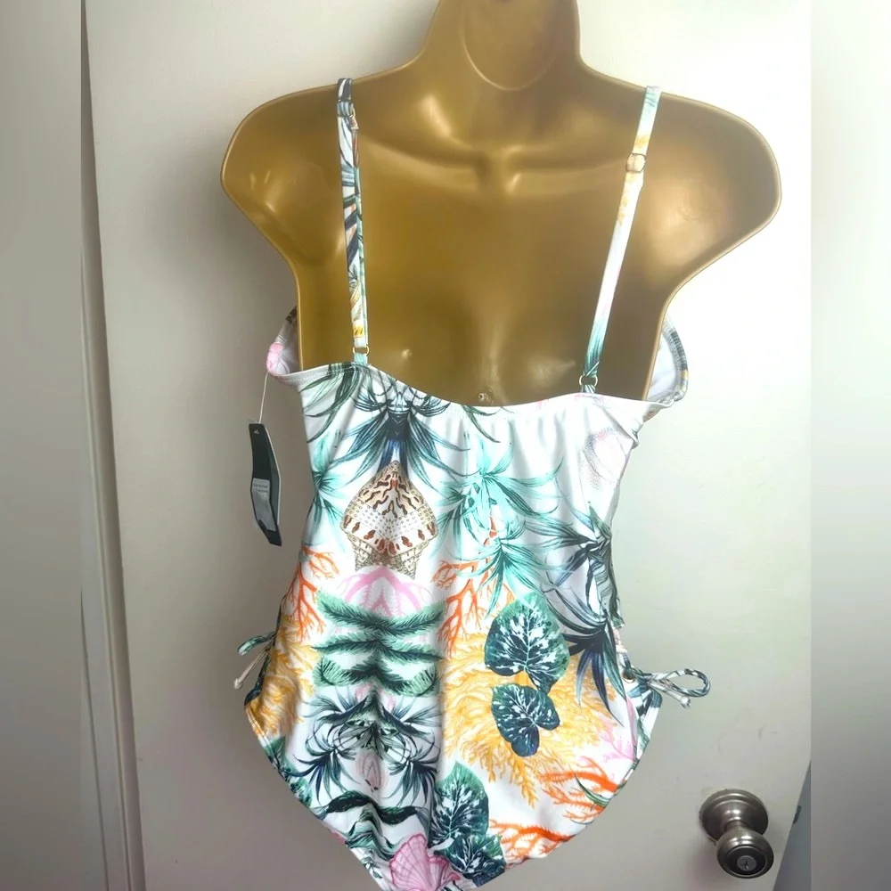RACHEL Racheal Roy Seashell PalmTree Small LaceUp Sides One Piece Swimsuit NWT L